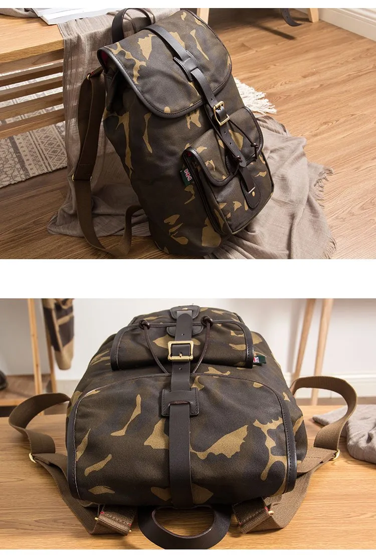 Camouflage Canvas Leather Mens Large 14'' Laptop Backpack College Backpack Hiking Backpack for Men