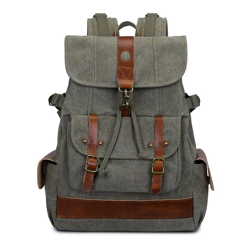 Canvas Leather Mens 15" Black Hiking Backpack Army Green Travel Backpack Blue College Backpack for Men