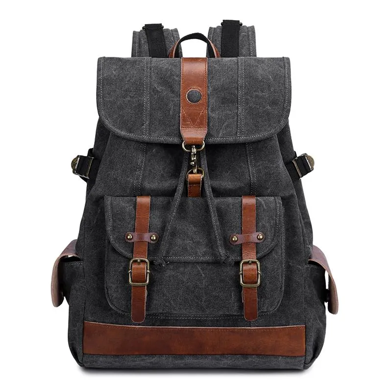 Canvas Leather Mens 15" Black Hiking Backpack Army Green Travel Backpack Blue College Backpack for Men