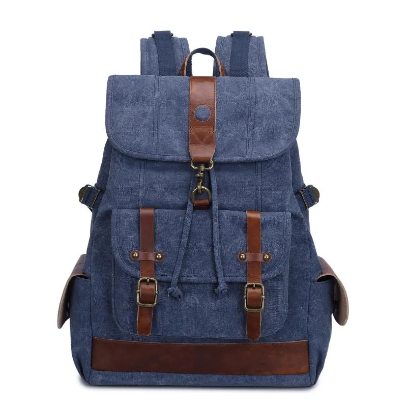 Canvas Leather Mens 15" Black Hiking Backpack Army Green Travel Backpack Blue College Backpack for Men