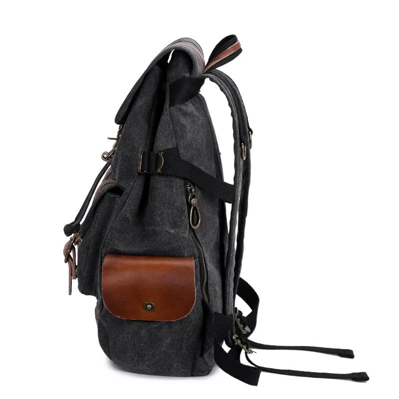 Canvas Leather Mens 15" Black Hiking Backpack Army Green Travel Backpack Blue College Backpack for Men