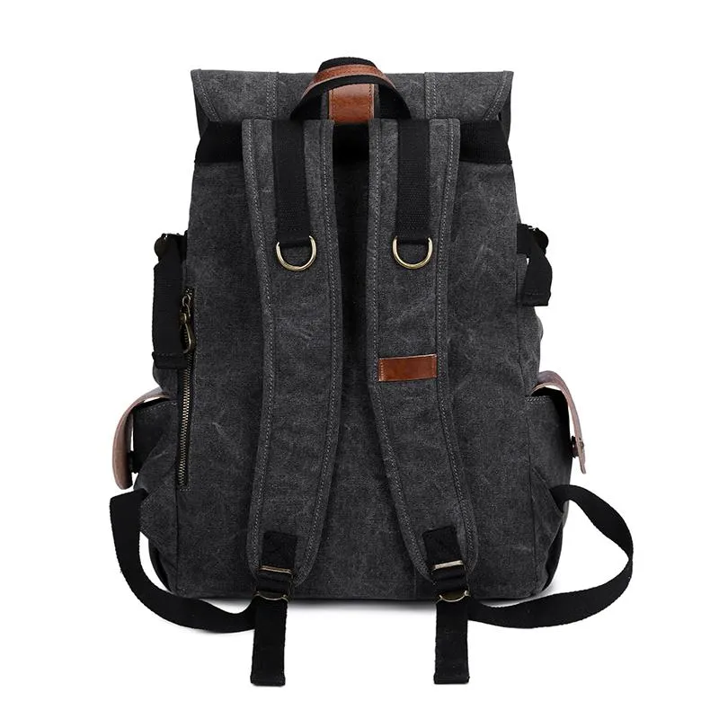 Canvas Leather Mens 15" Black Hiking Backpack Army Green Travel Backpack Blue College Backpack for Men