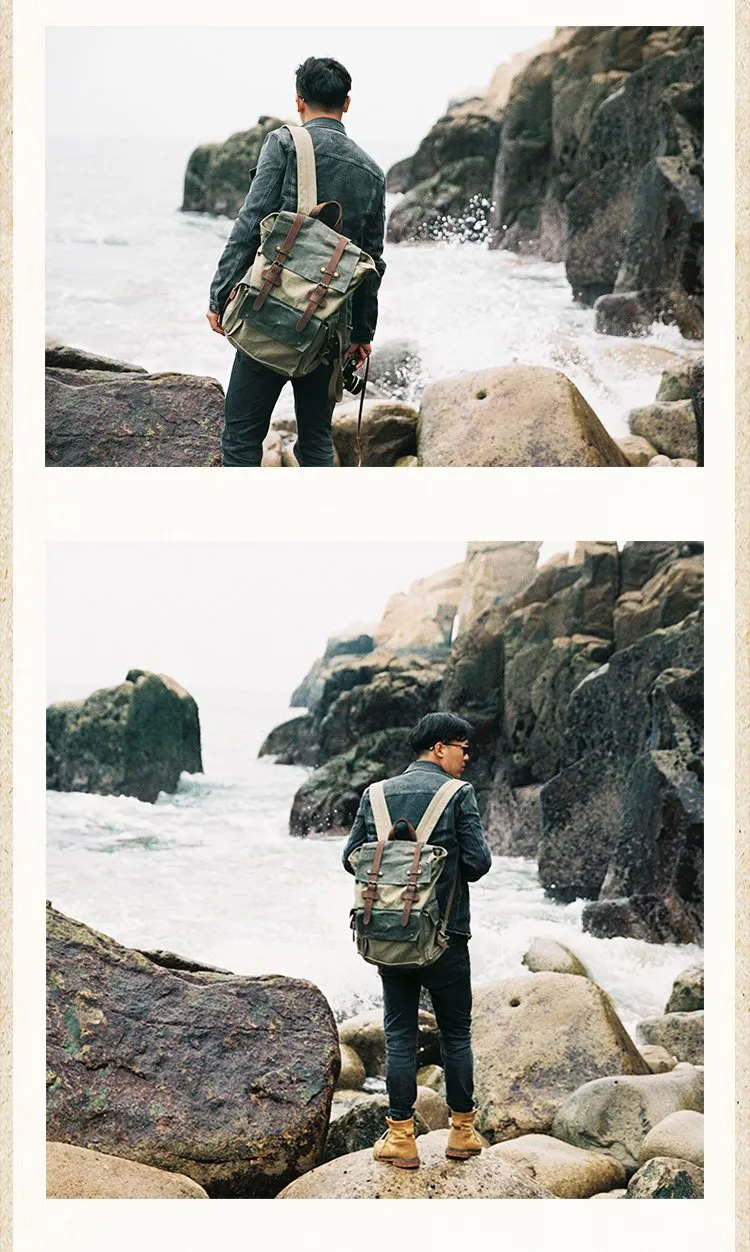 Canvas Leather Mens Backpack 15 inches Travel Green Backpacks Satchel Backpack Canvas School Backpack for Men