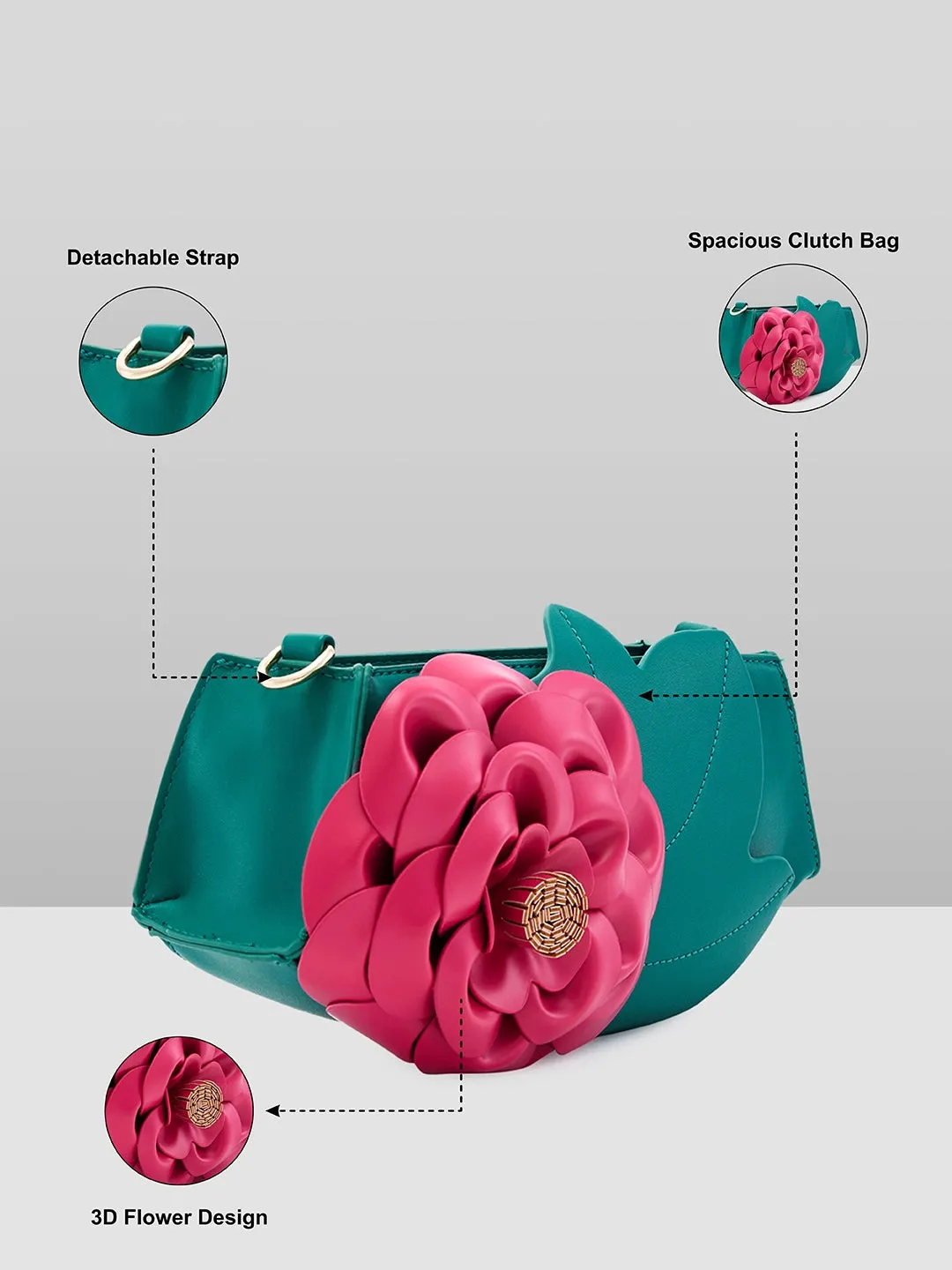 Caprese Ava Flower 3D Medium Green Clutch Bag