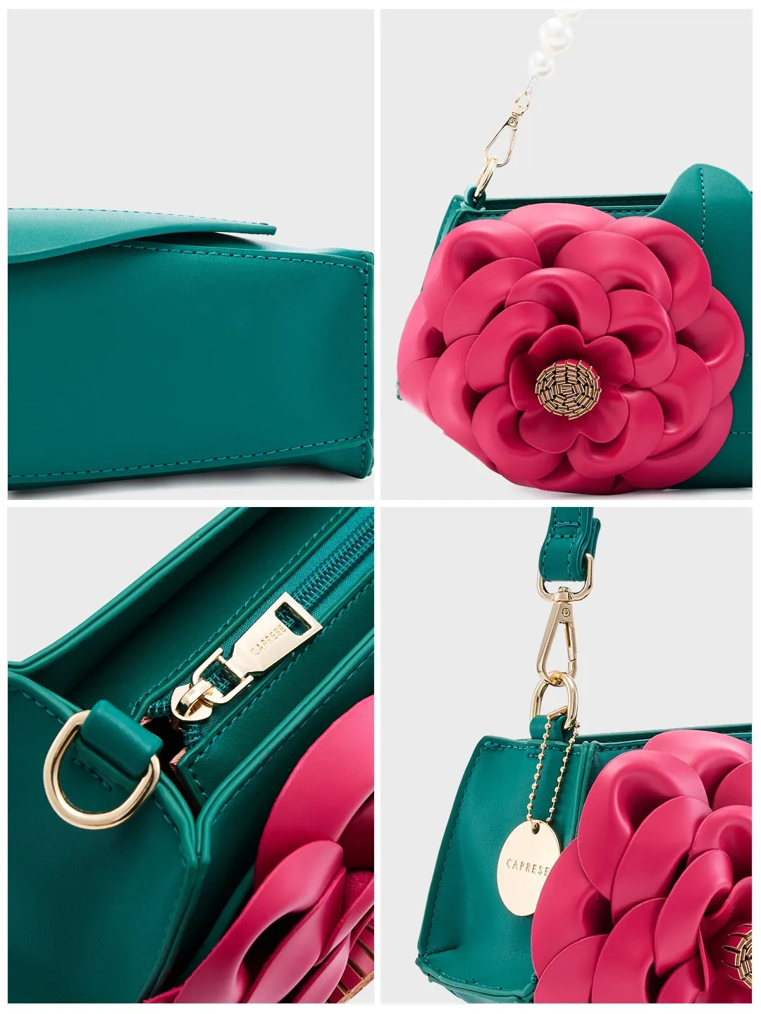 Caprese Ava Flower 3D Medium Green Clutch Bag
