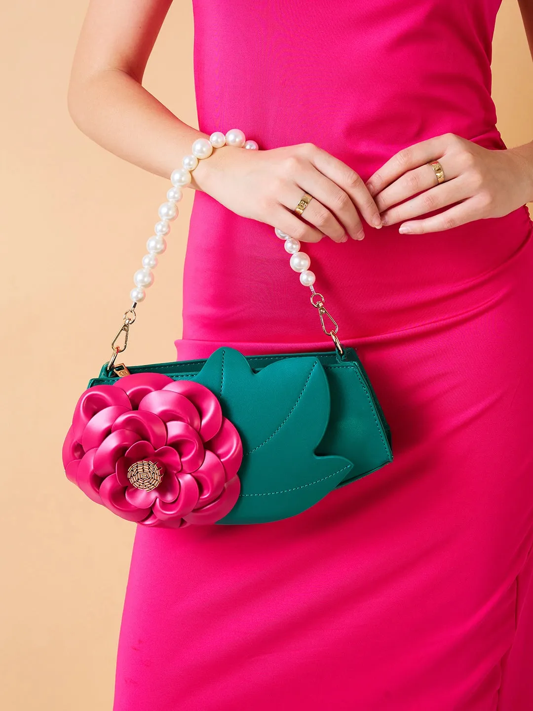 Caprese Ava Flower 3D Medium Green Clutch Bag