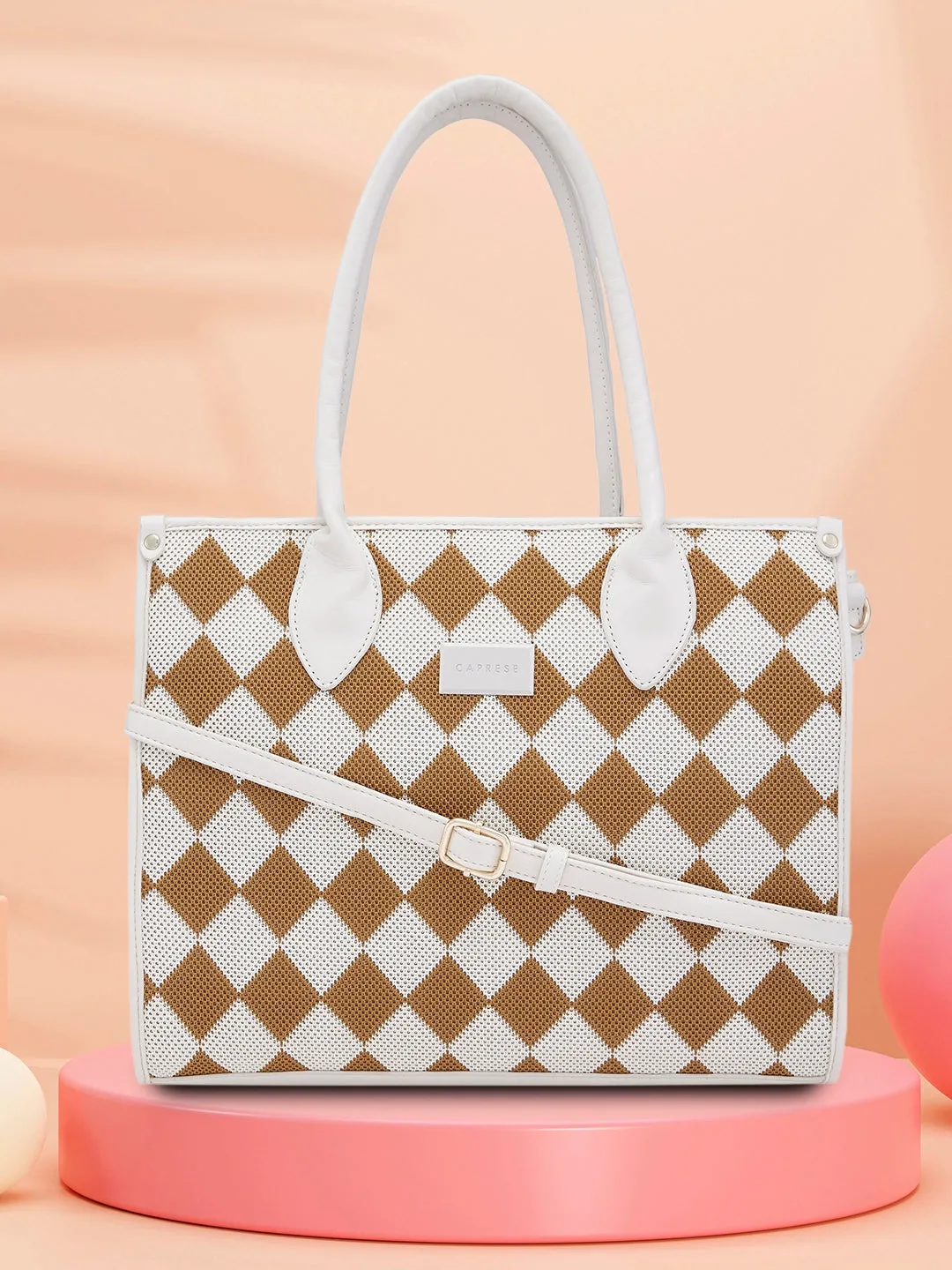 Caprese Checker Medium Cream Satchel Bag