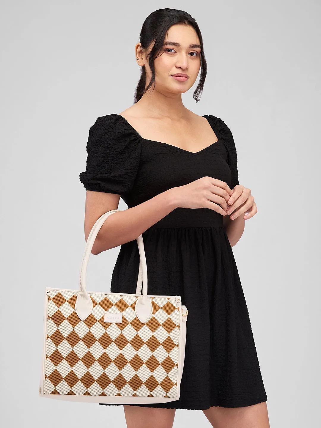 Caprese Checker Medium Cream Satchel Bag