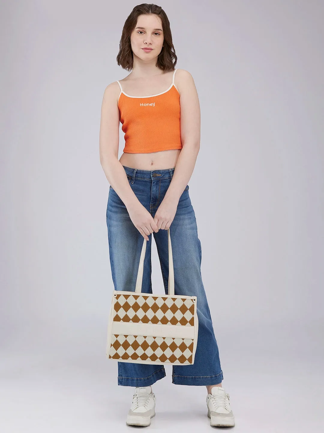 Caprese Checker Medium Cream Tote Bag