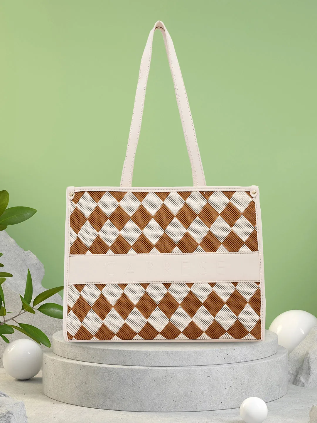 Caprese Checker Medium Cream Tote Bag