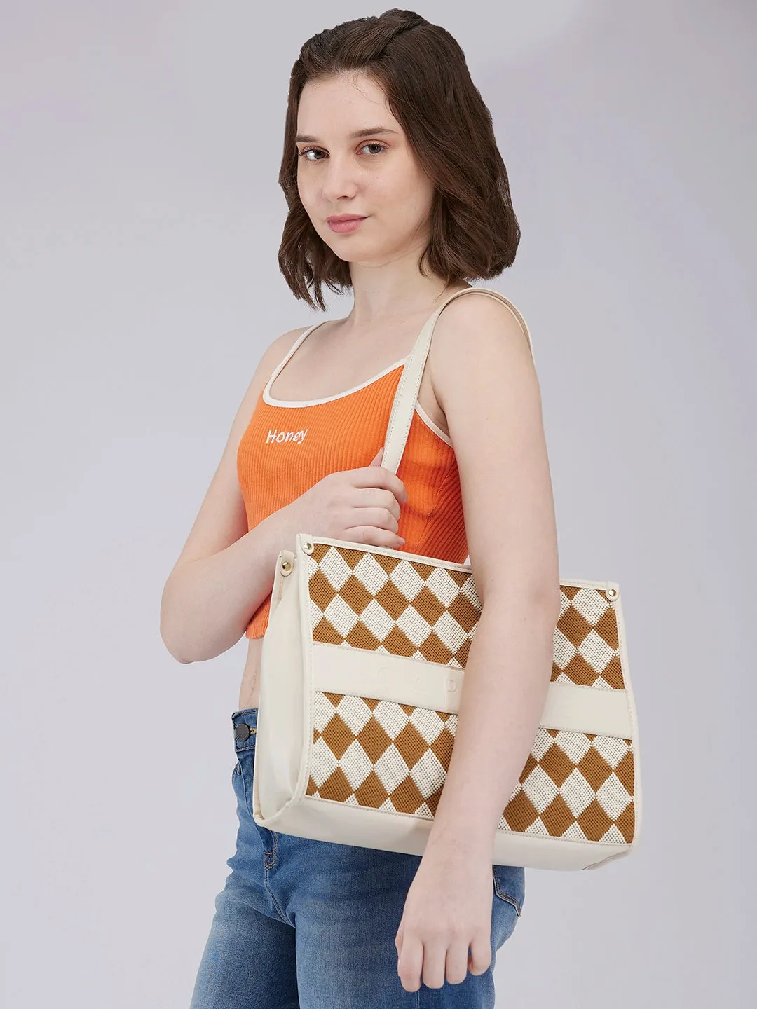 Caprese Checker Medium Cream Tote Bag