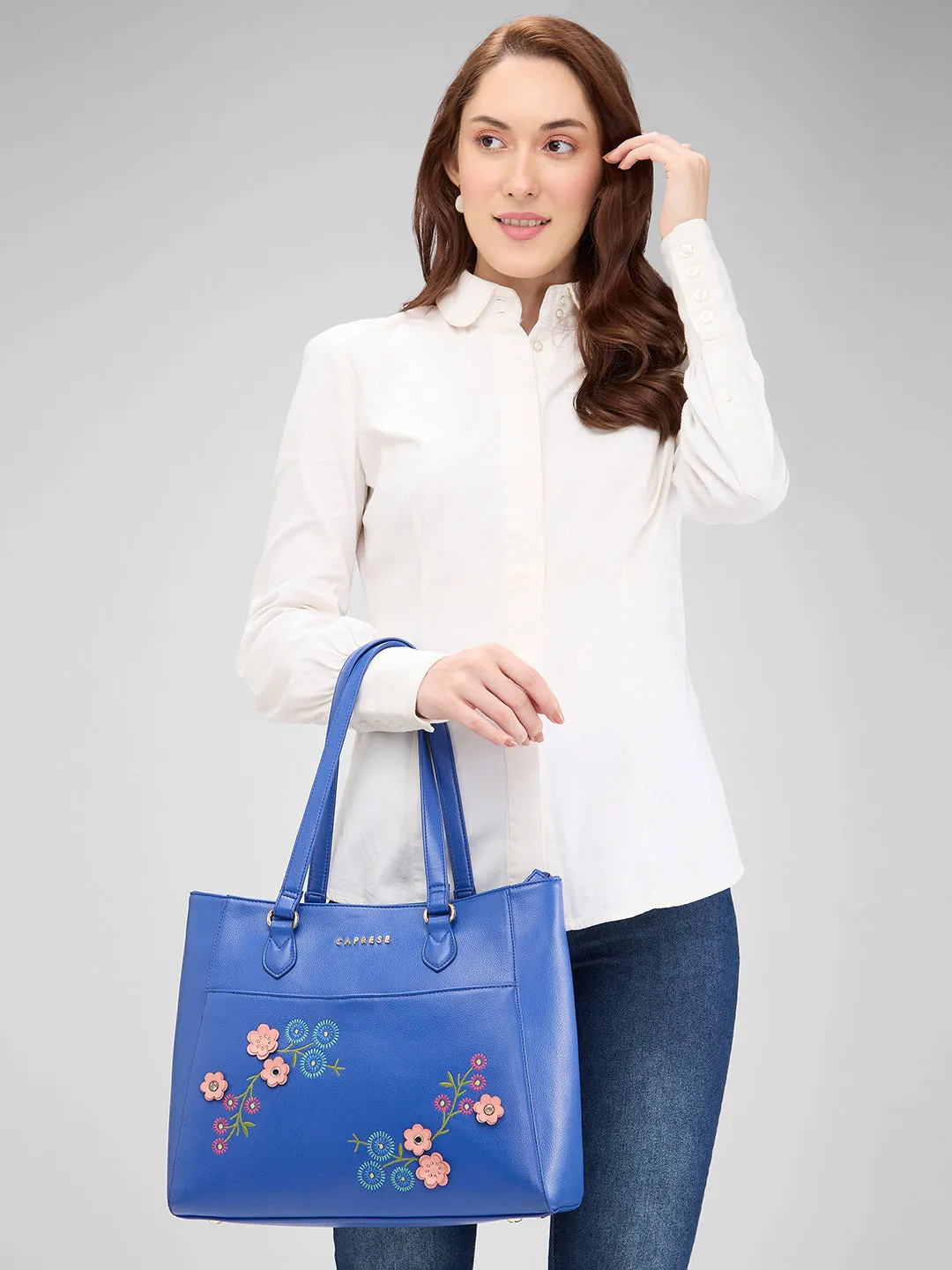 Caprese Erica Medium Floral Blue Tote Bag