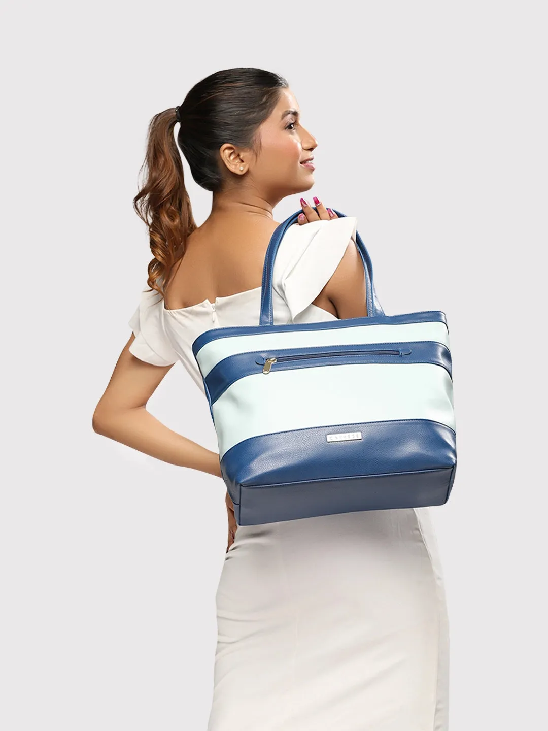 Caprese Marciano Medium Striped Navy Tote Bag