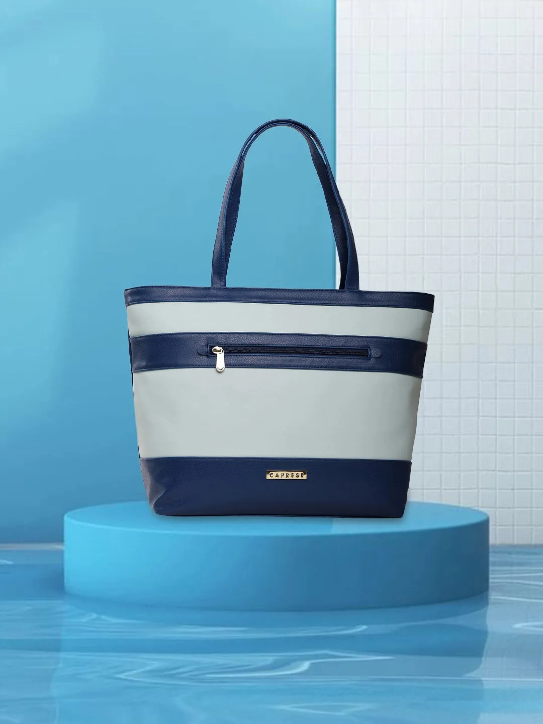 Caprese Marciano Medium Striped Navy Tote Bag