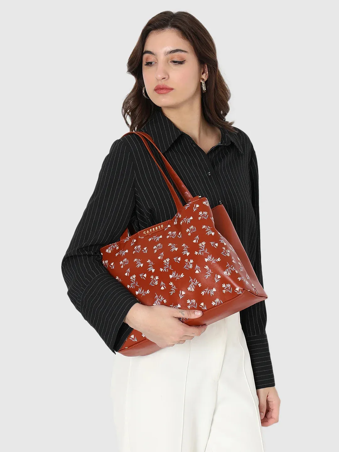 Caprese Merida Printed Large Tan Satchel Bag
