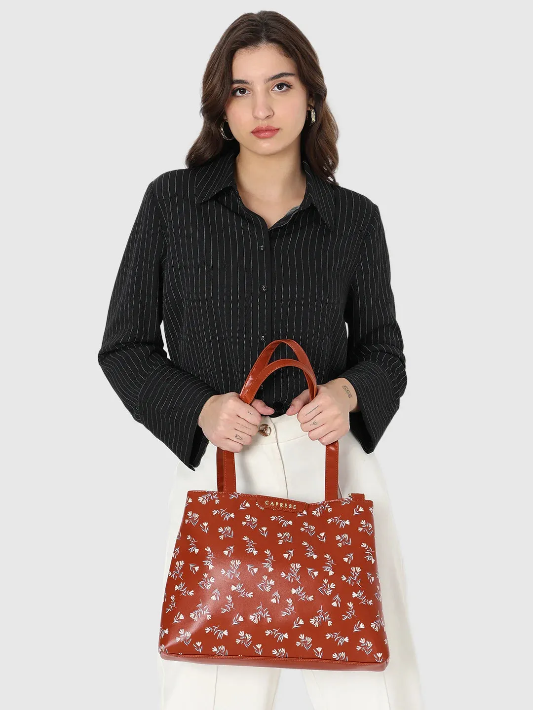 Caprese Merida Printed Large Tan Satchel Bag