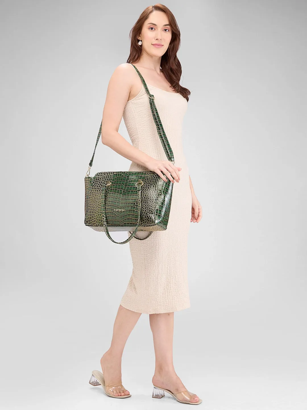 Caprese Miranda Large Croco Green Satchel Bag