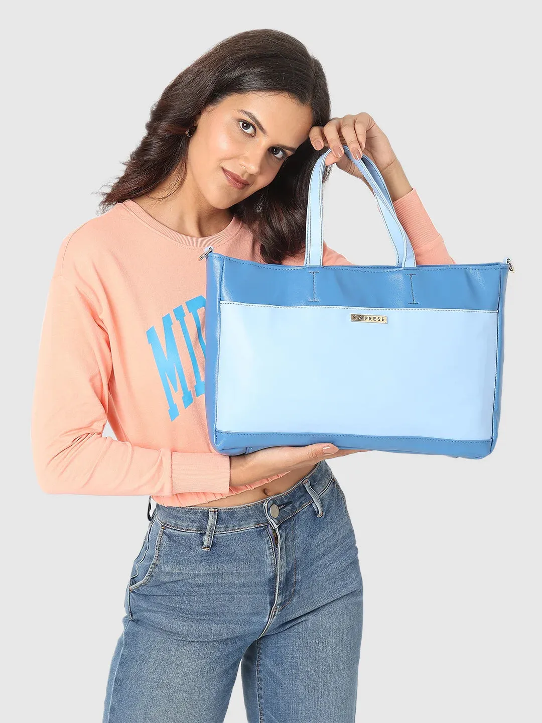 Caprese Ollie Large Cyan Laptop Satchel Bag