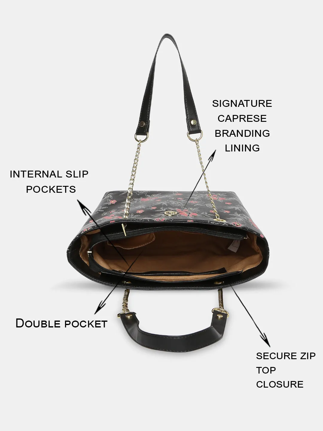Caprese Snow Printed Large Black Satchel Bag