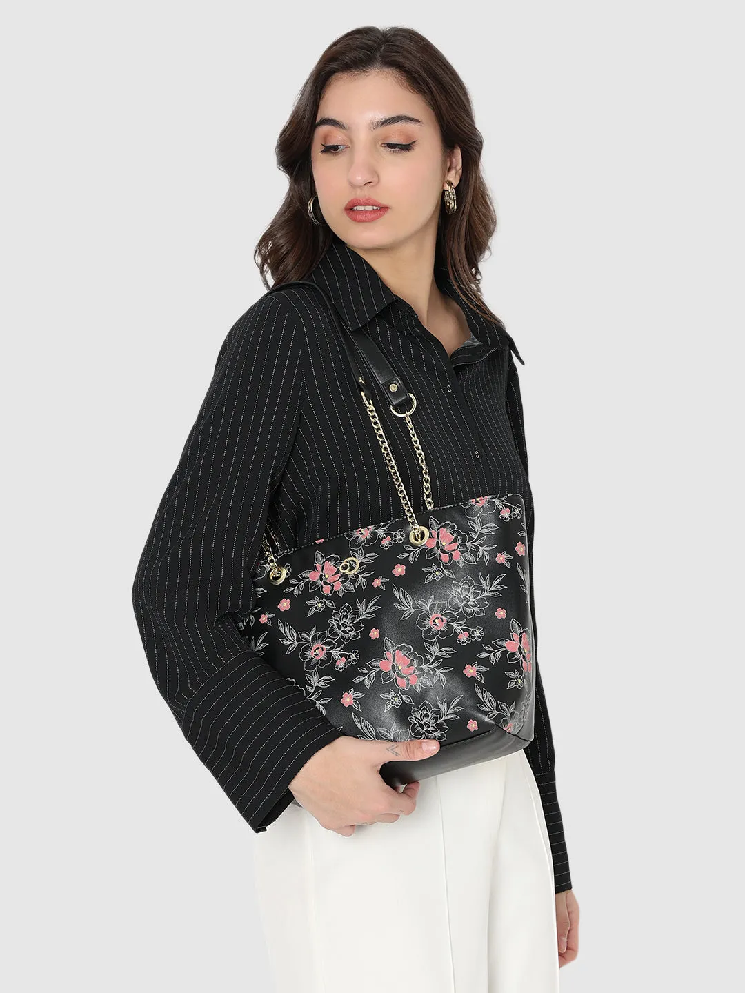 Caprese Snow Printed Large Black Satchel Bag