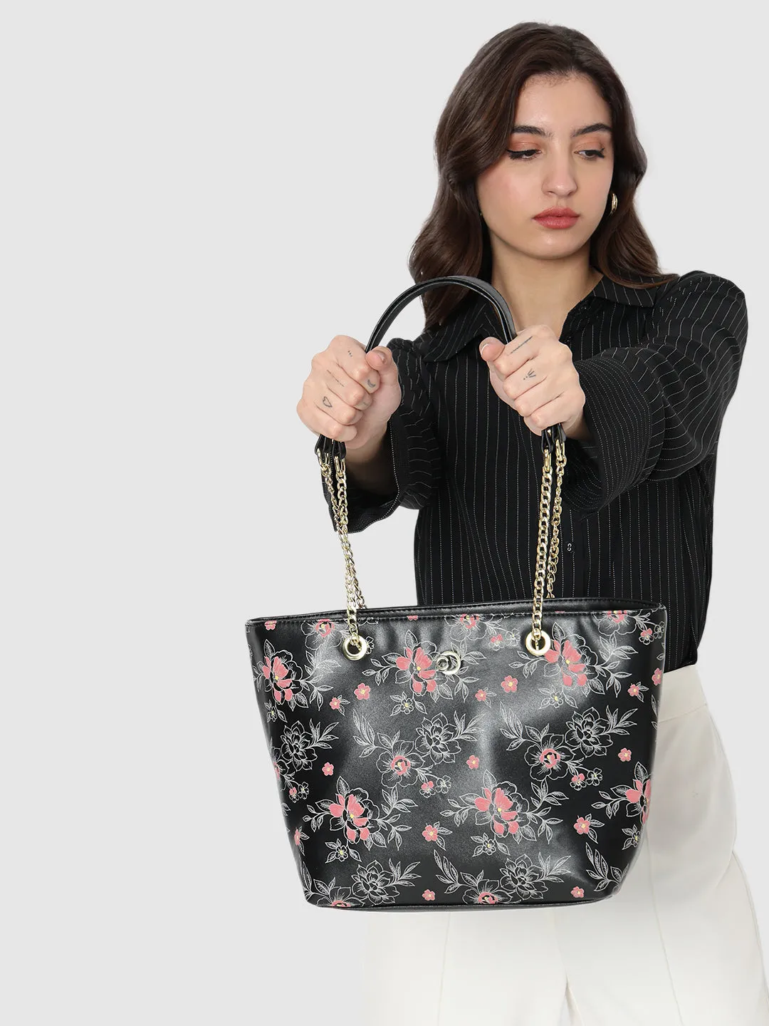Caprese Snow Printed Large Black Satchel Bag