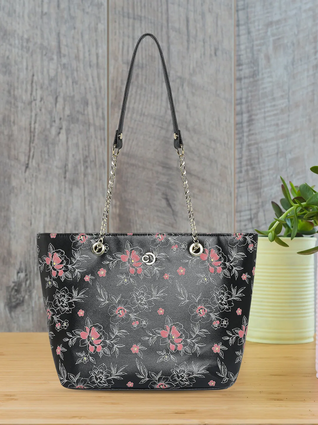 Caprese Snow Printed Large Black Satchel Bag