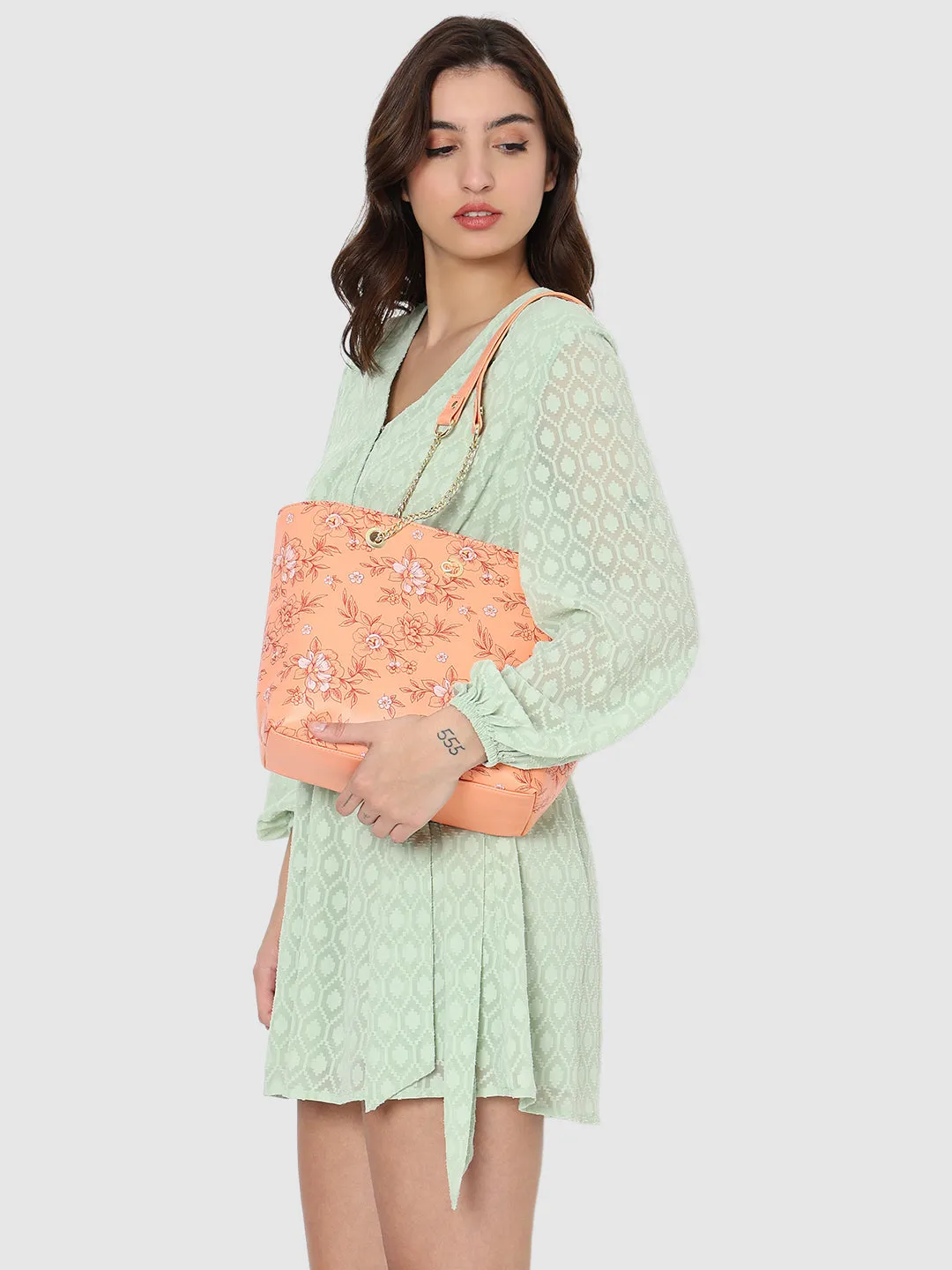 Caprese Snow Printed Large Coral Satchel Bag