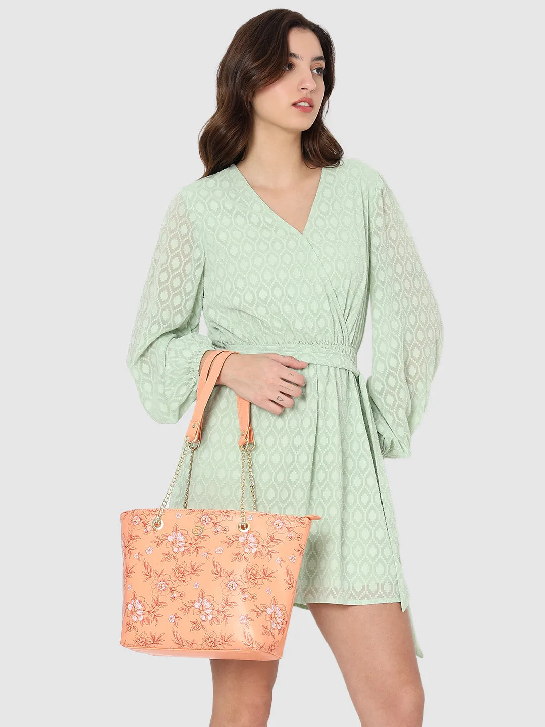 Caprese Snow Printed Large Coral Satchel Bag