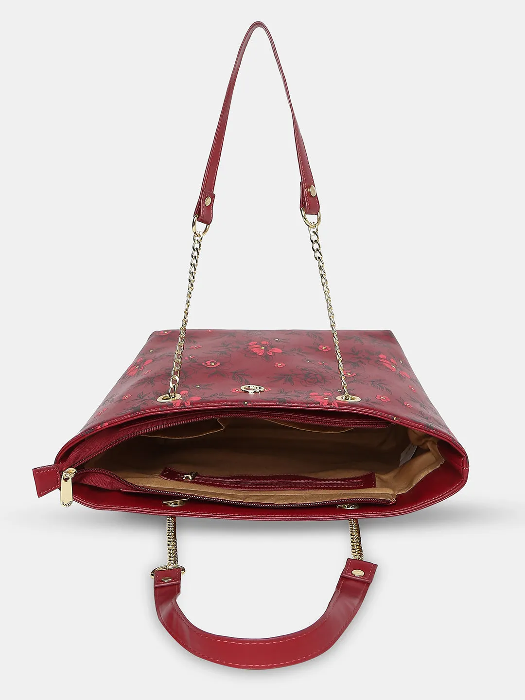 Caprese Snow Printed Large Maroon Satchel Bag