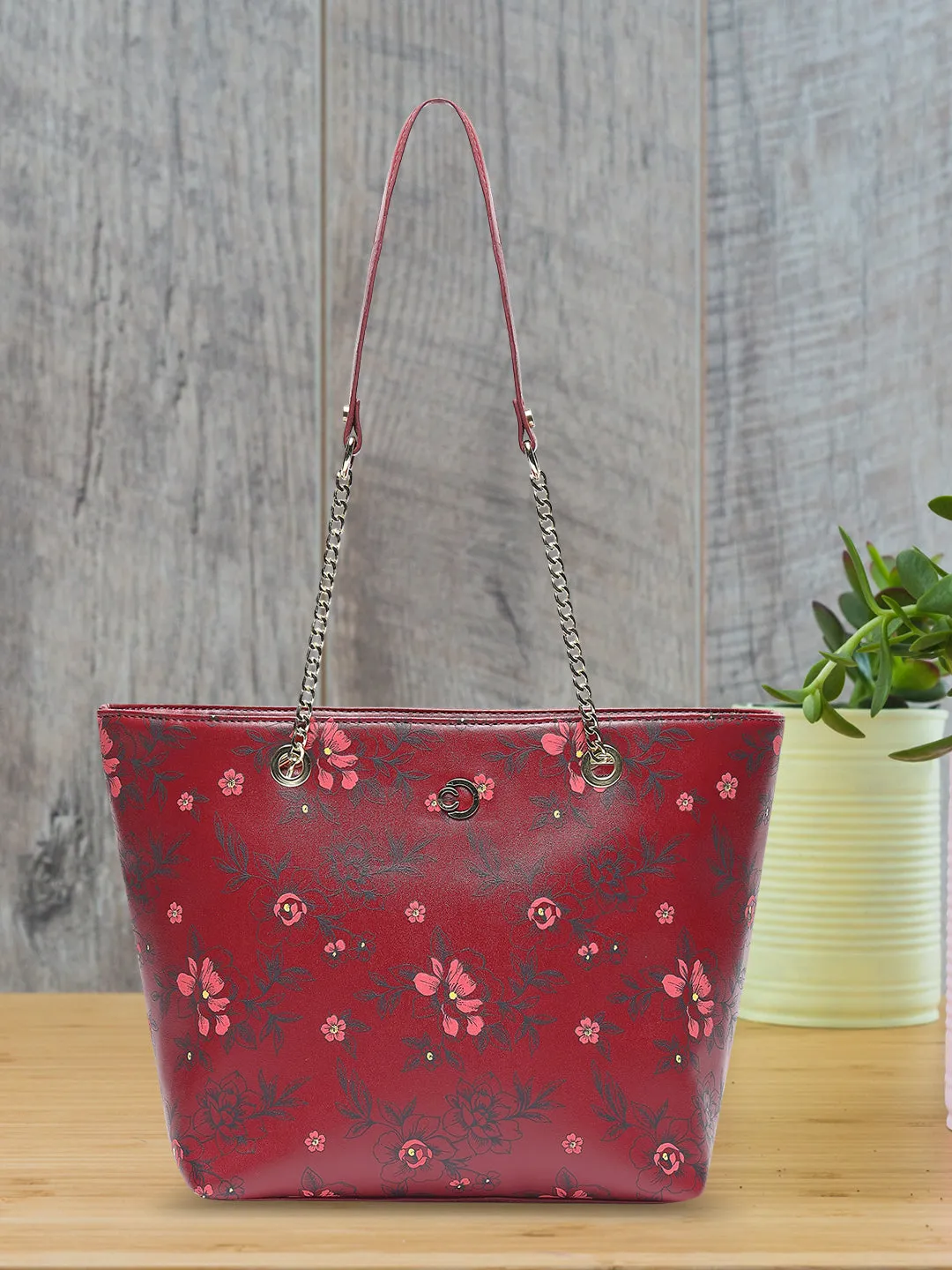 Caprese Snow Printed Large Maroon Satchel Bag