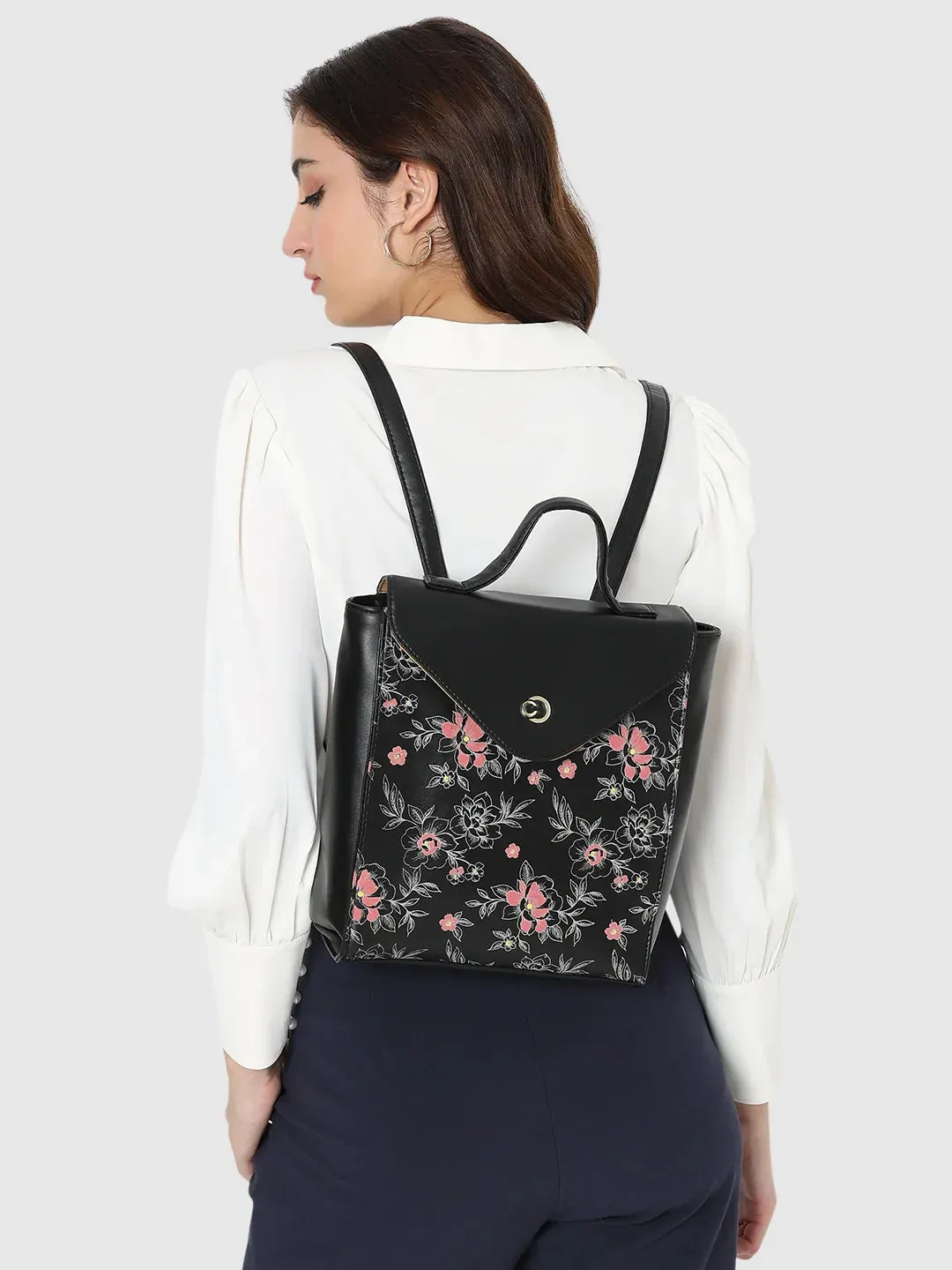 Caprese Snow Printed Medium Black Backpack