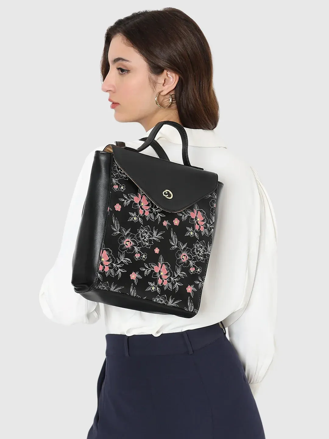 Caprese Snow Printed Medium Black Backpack