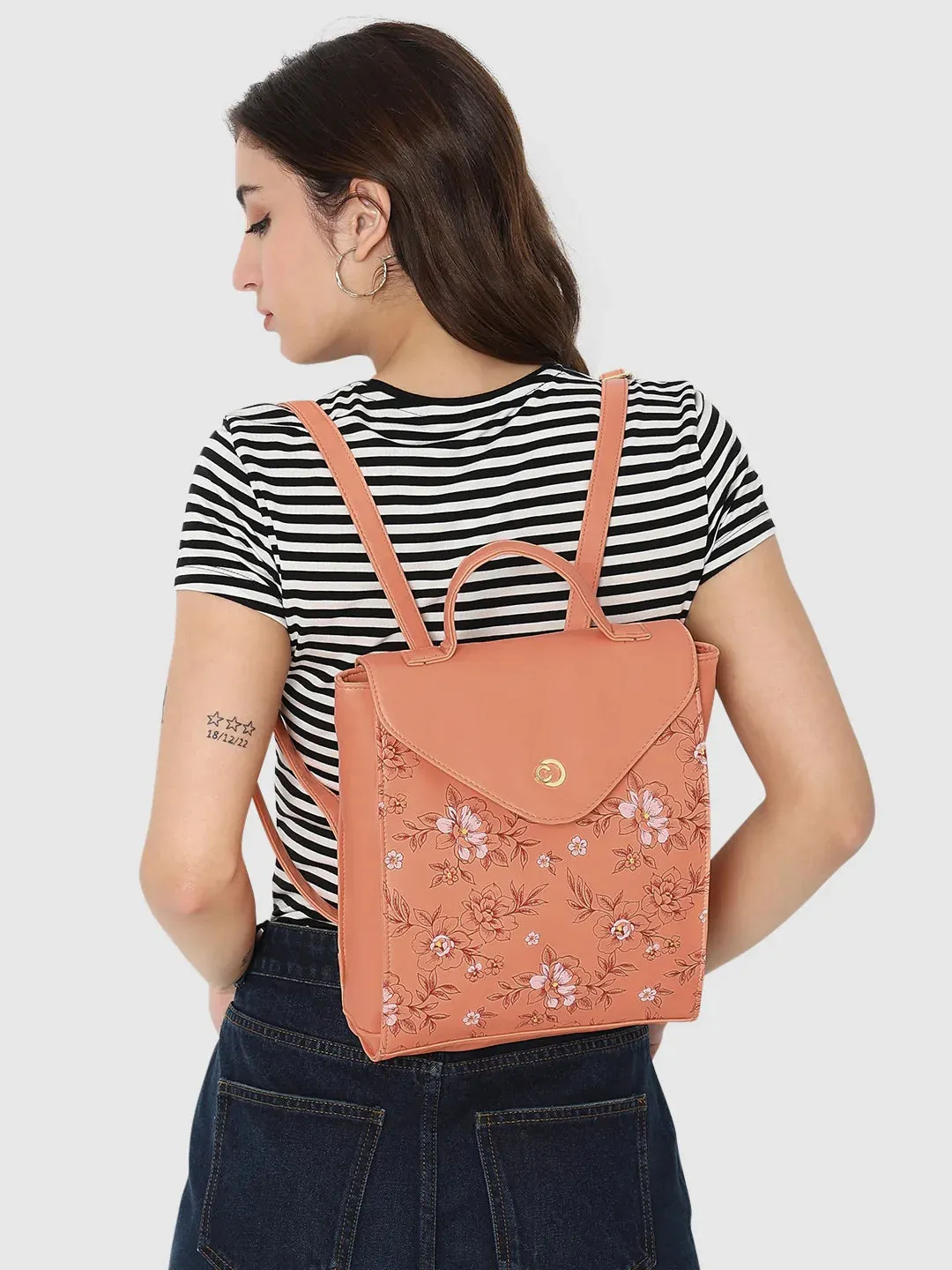Caprese Snow Printed Medium Coral Backpack
