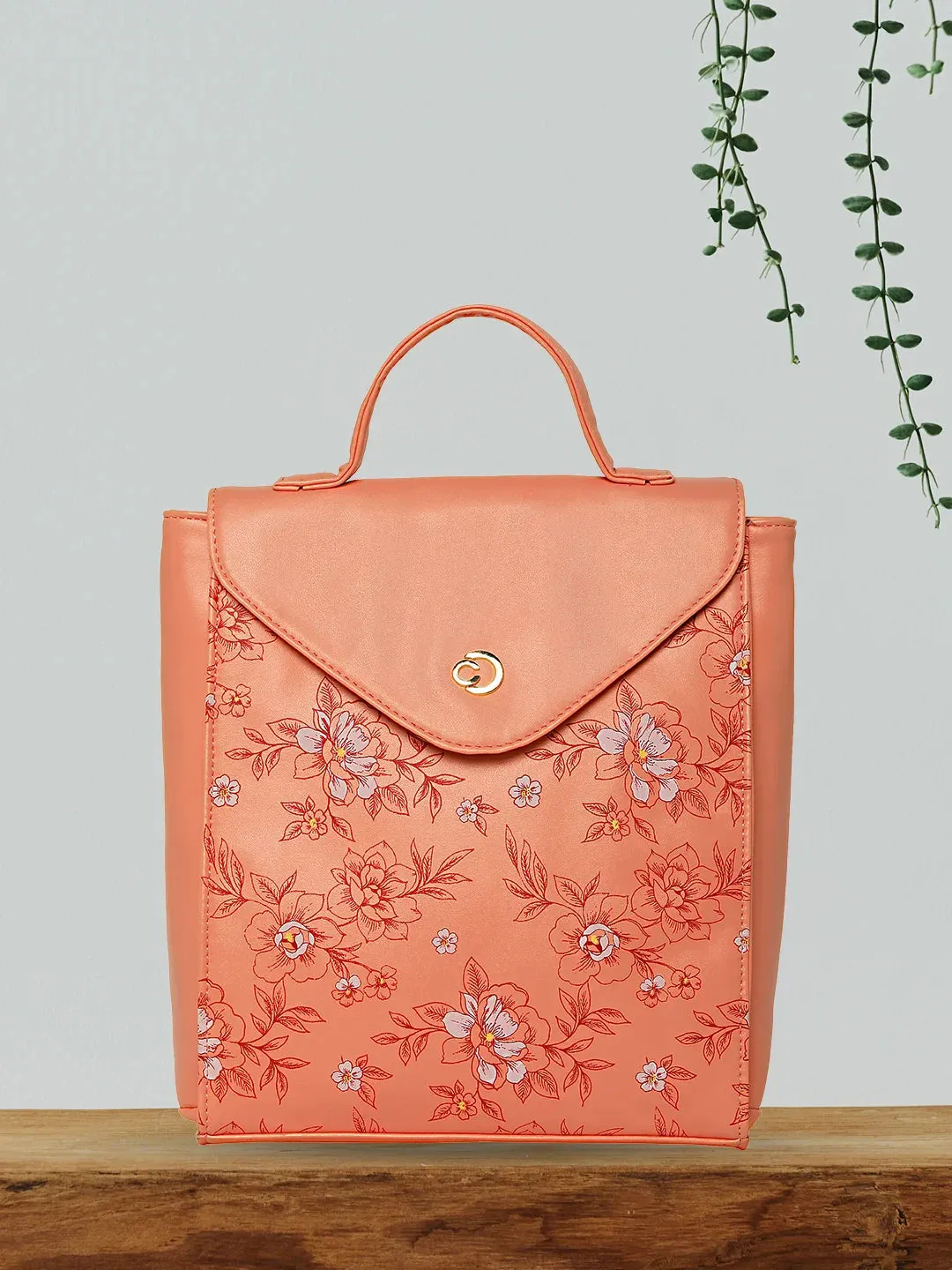 Caprese Snow Printed Medium Coral Backpack