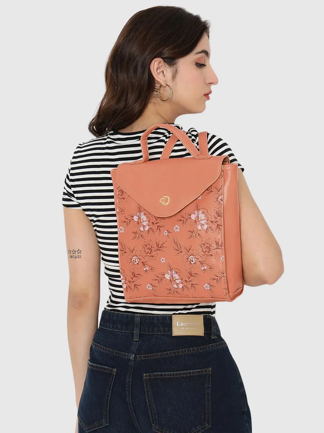 Caprese Snow Printed Medium Coral Backpack