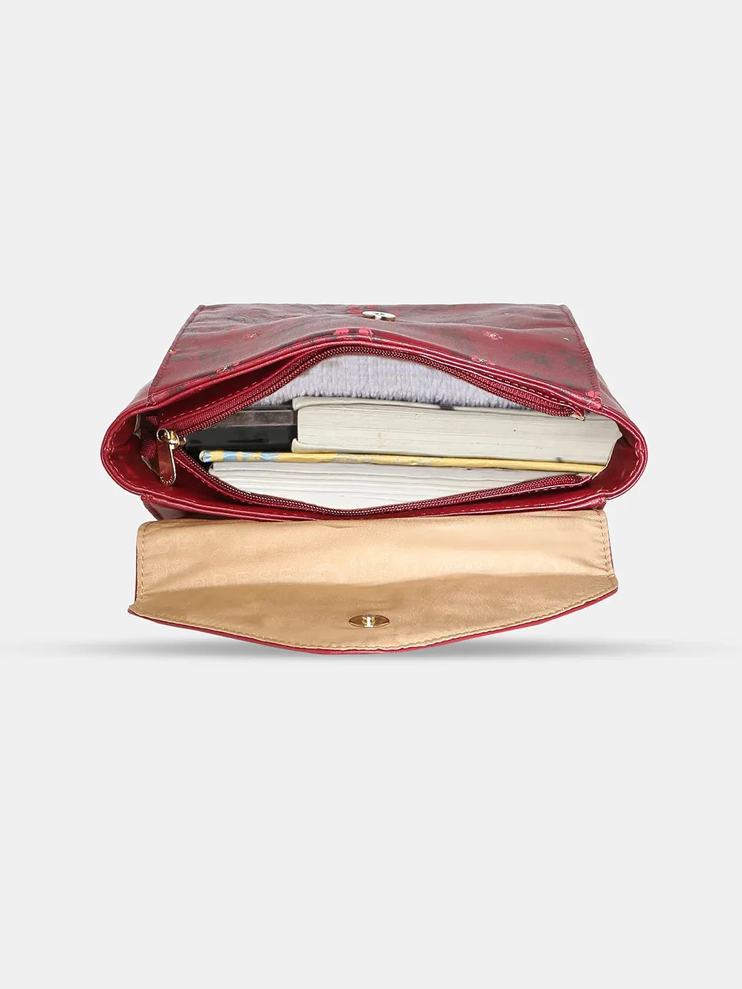 Caprese Snow Printed Medium Maroon Backpack