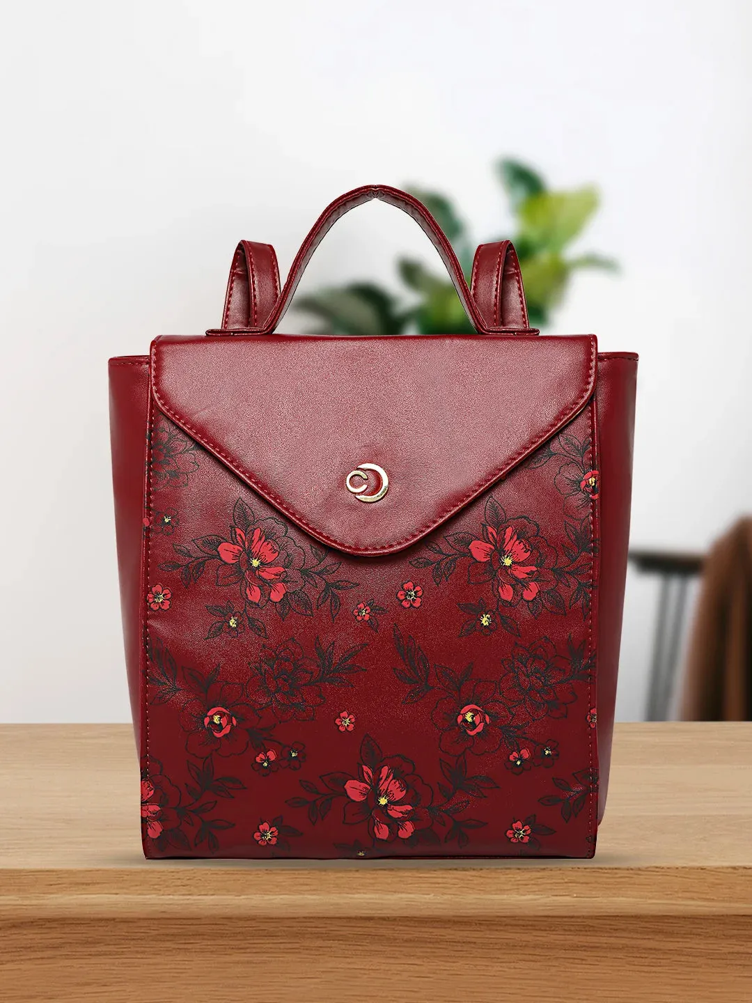Caprese Snow Printed Medium Maroon Backpack