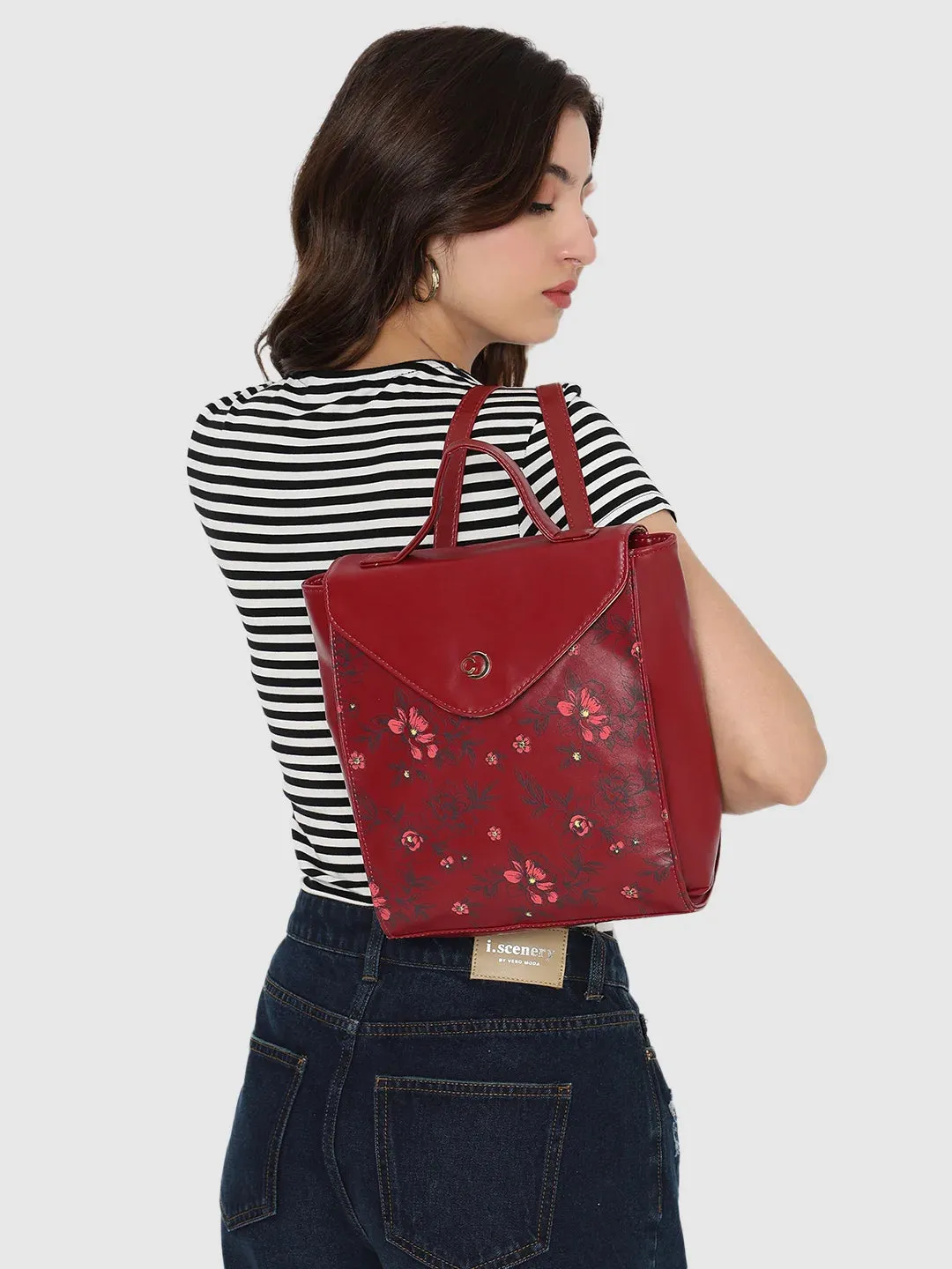 Caprese Snow Printed Medium Maroon Backpack