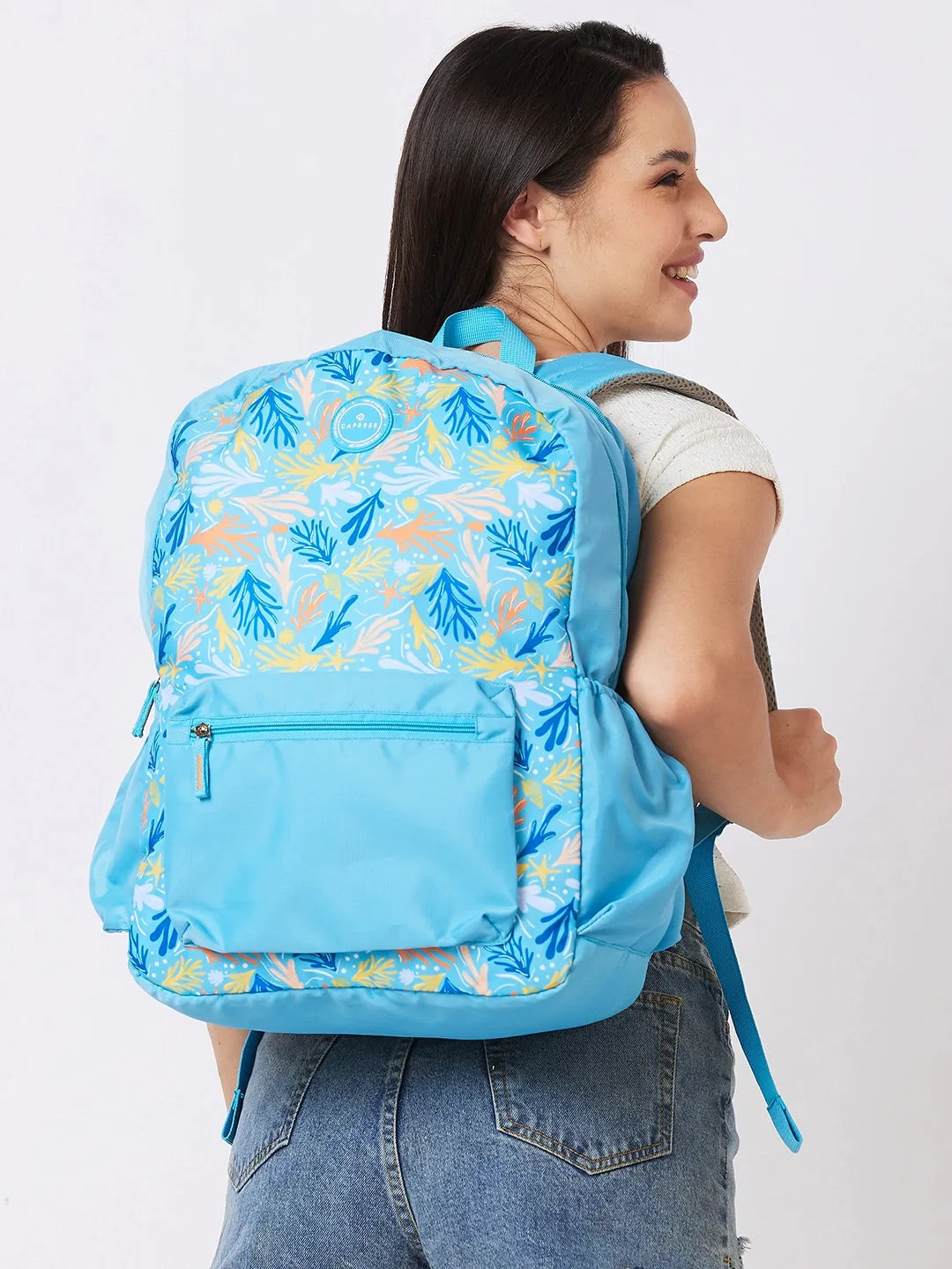 Caprese Xenia X Large Printed Light Blue Laptop Backpack