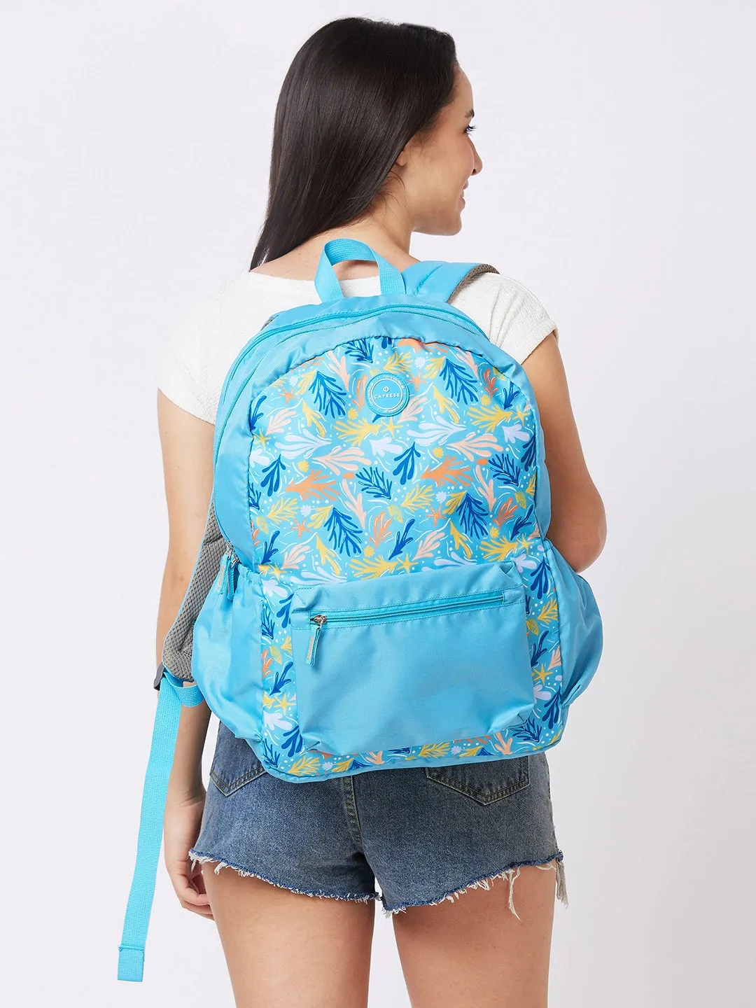 Caprese Xenia X Large Printed Light Blue Laptop Backpack