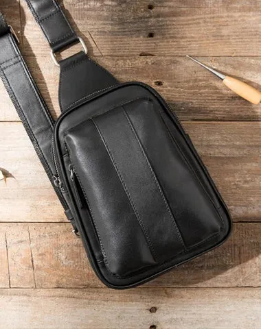 Casual Black Leather Mens Sling Bag Black Sling Pack One Shoulder Backpack for Men