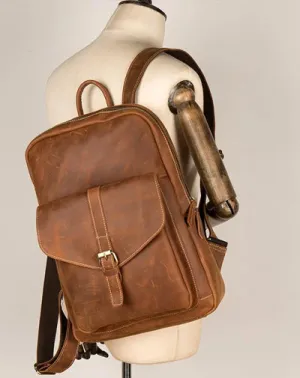 Casual Brown Large Leather Mens 15 inches Travel Backpack Computer Backpack School Backpack for Men