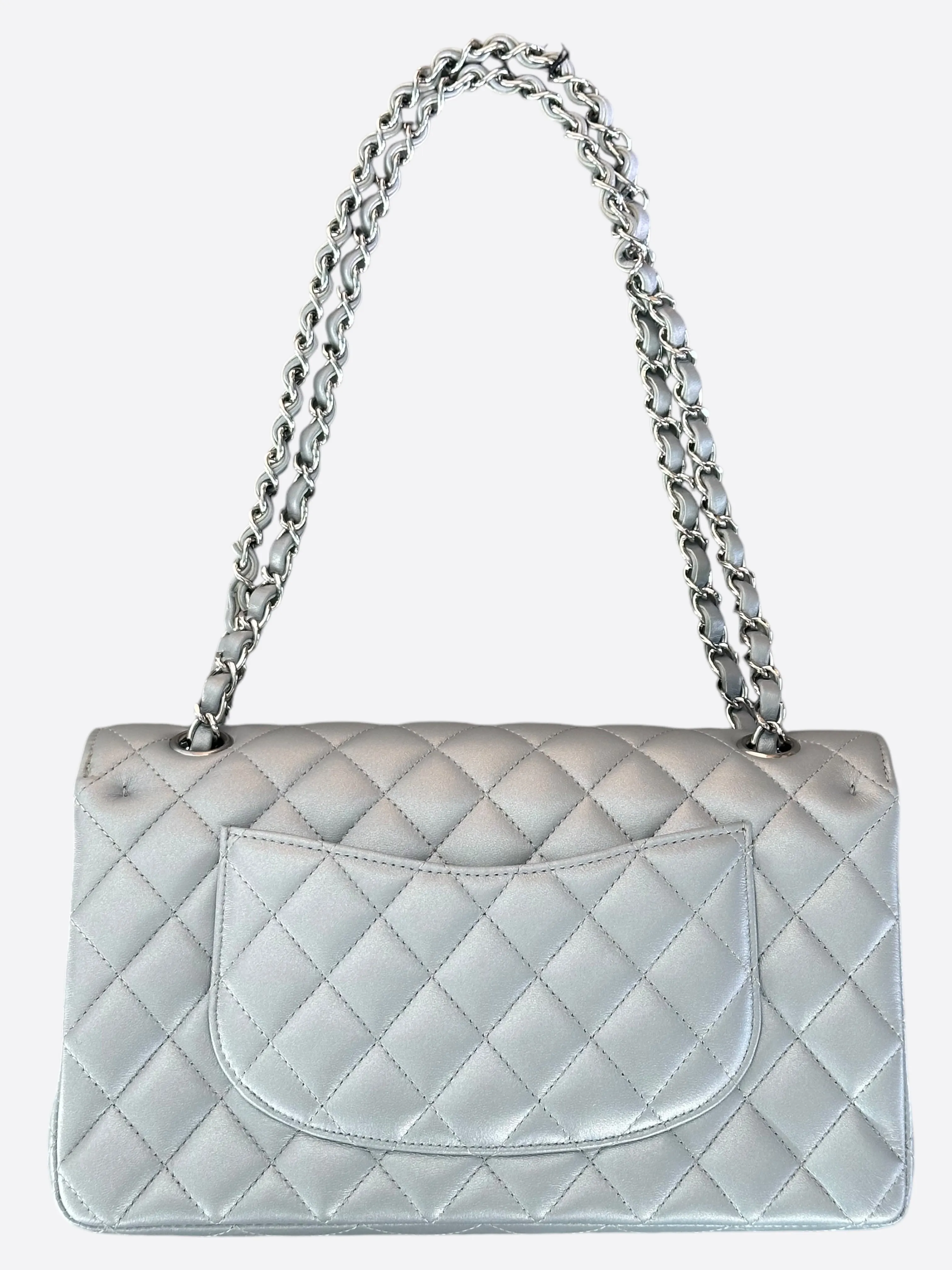 Chanel Silver Quilted Medium Flap Bag