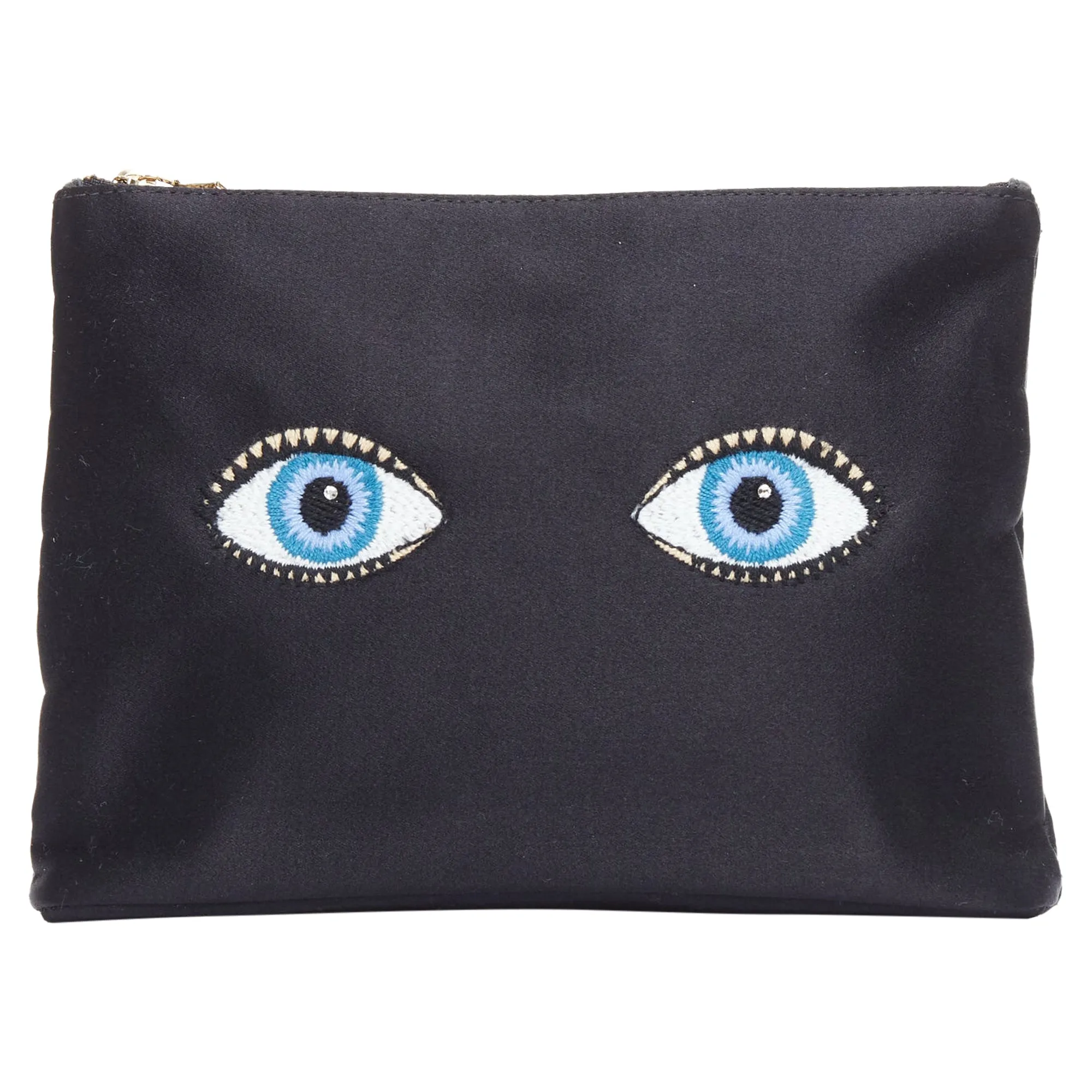 Charlotte Olympia satin surrealist blue eye embroidery pouch bag