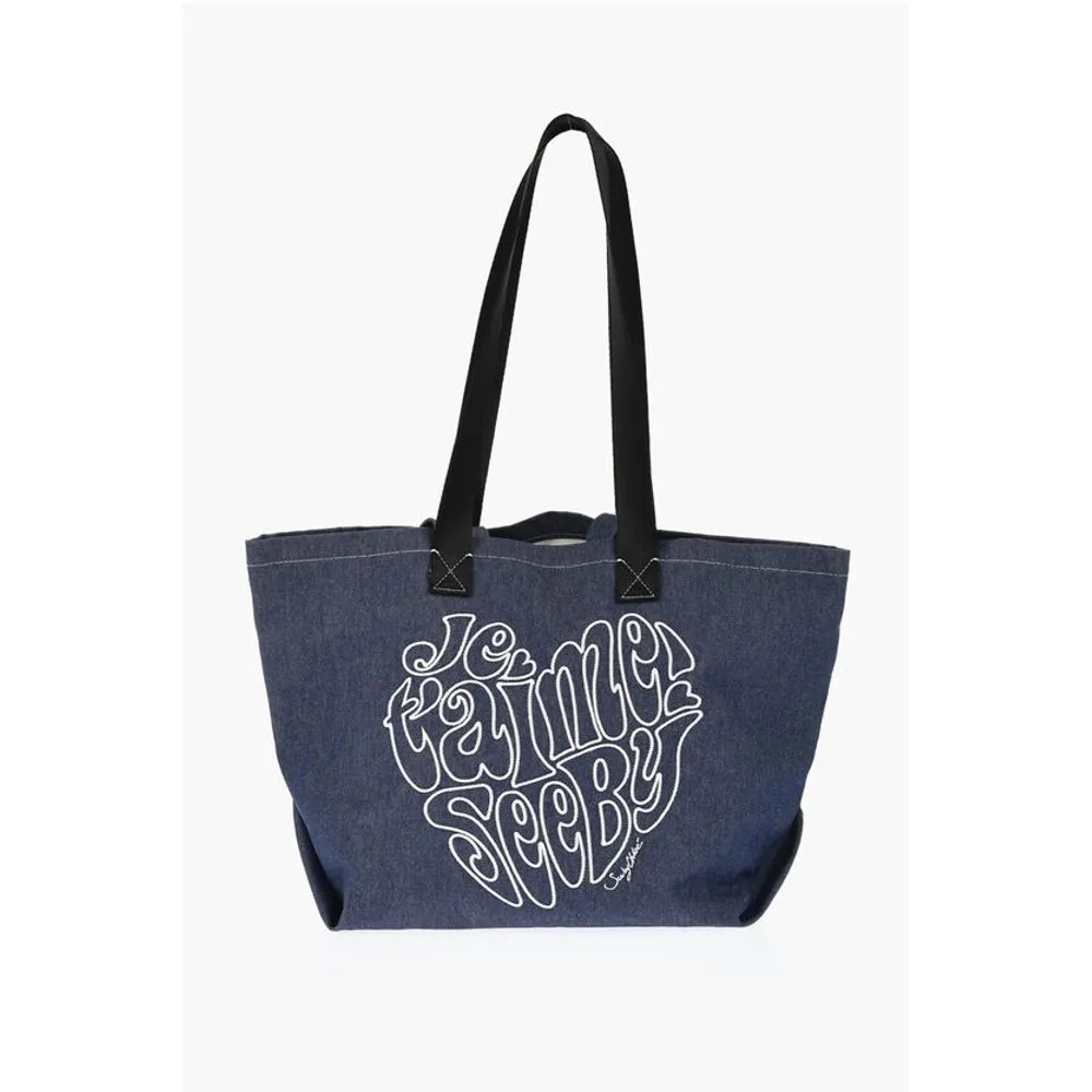 Chlo SEE BY Denim Tote Bag with Embossed Embroidery