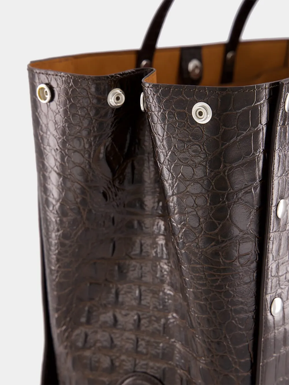 Coffee Brown Studs Large Croc-Embossed Tote Bag