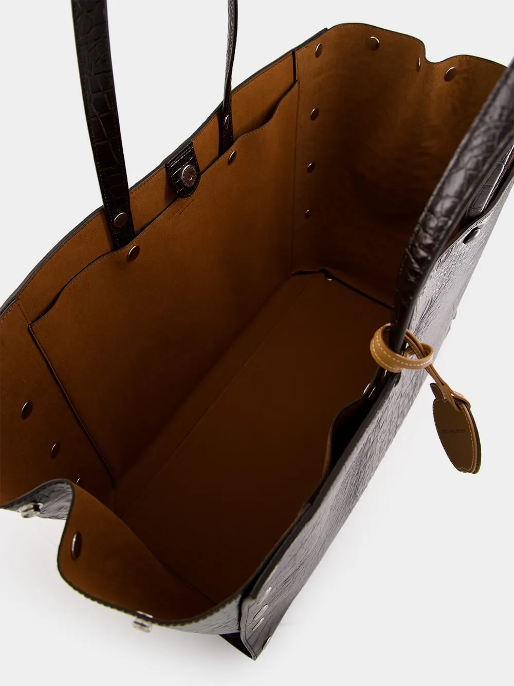 Coffee Brown Studs Large Croc-Embossed Tote Bag