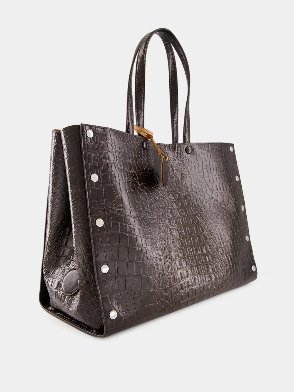 Coffee Brown Studs Large Croc-Embossed Tote Bag