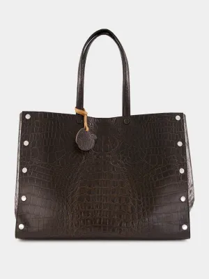 Coffee Brown Studs Large Croc-Embossed Tote Bag