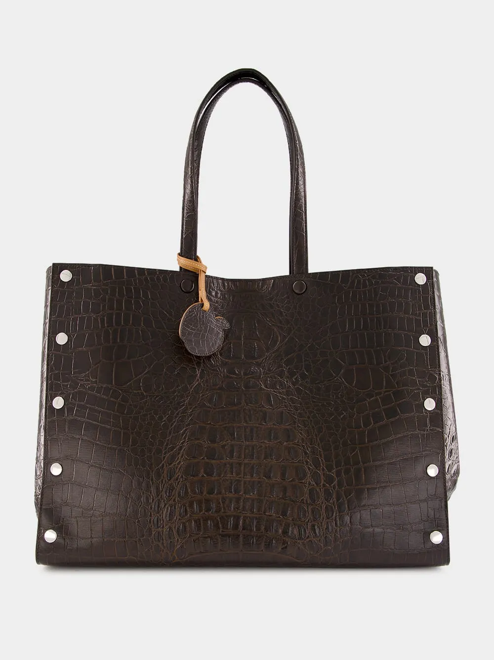 Coffee Brown Studs Large Croc-Embossed Tote Bag